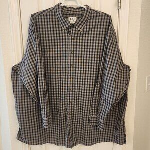 HB Button-Down Shirt 4XLT Blue Gray Tan Plaid 60/40 Cotton Blend